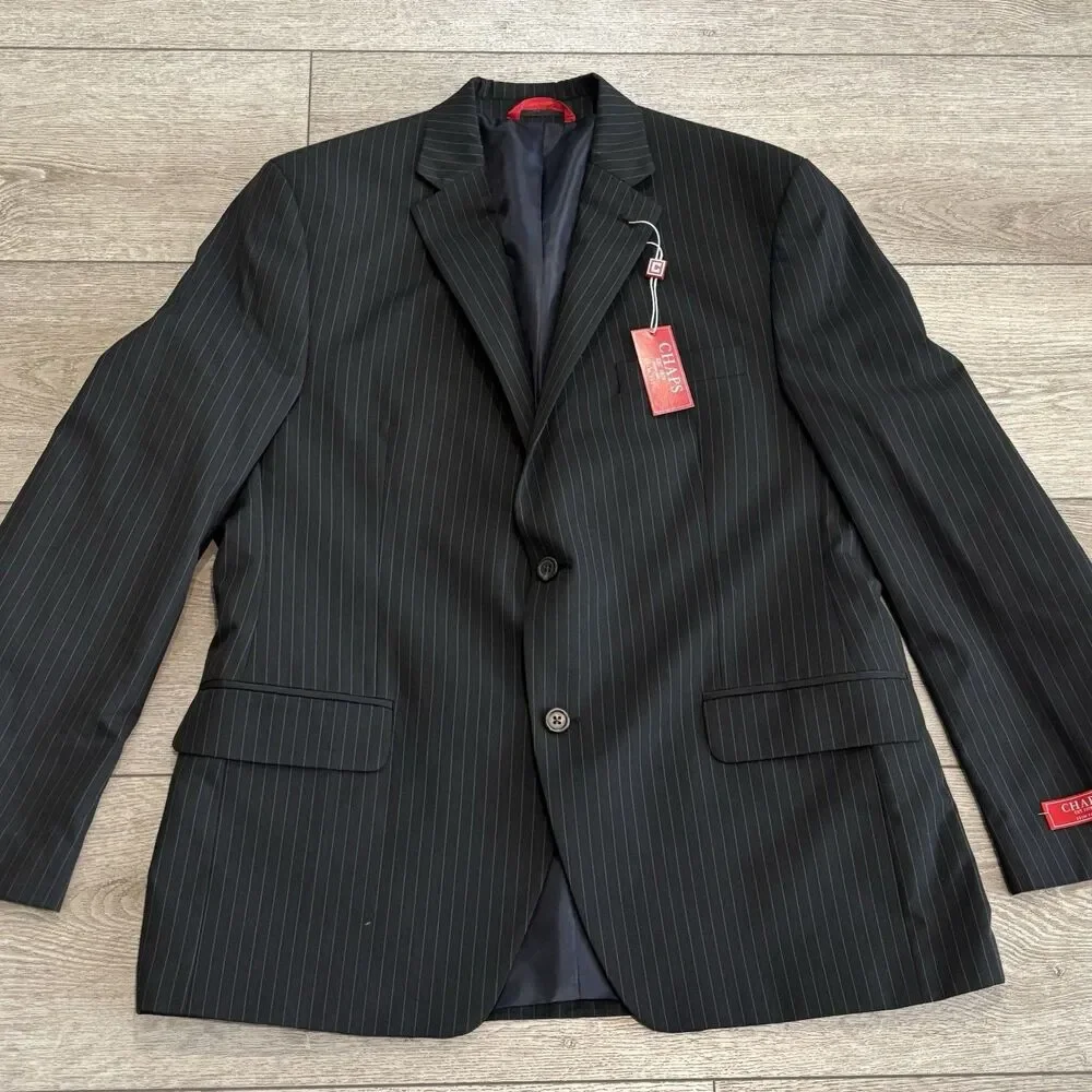 Chaps Suit Blazer Jacket Mens 44R Pants 34 Black Striped Pinstripe NWT Slim Fit‎